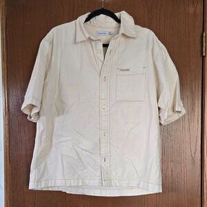 Calvin Klein Men's Short Sleeve Button Up Camp Shirt- Natural Raw Rinse- Size S